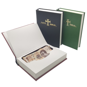 BIBLIA DE SEGURIDAD, -Parece una Biblia común.
-Compartimento secreto en su interior.
-Puede contener hasta 150 billetes o cualquier objeto de valor.