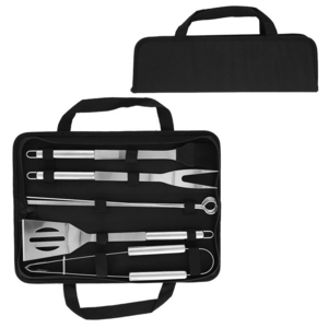 HO-012, Set de BBQ en estuche de poliéster, con 8 utensilios: pinzas, tenedor asador, 4 espadas para brochetas, brocha y volteador