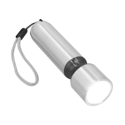 HR-033, Lámpara LED de metal con botón de presión en la parte inferior, con detalle de color en el cuello y correa de poliéster. Utiliza 3 baterías AAA ( no incluidas).